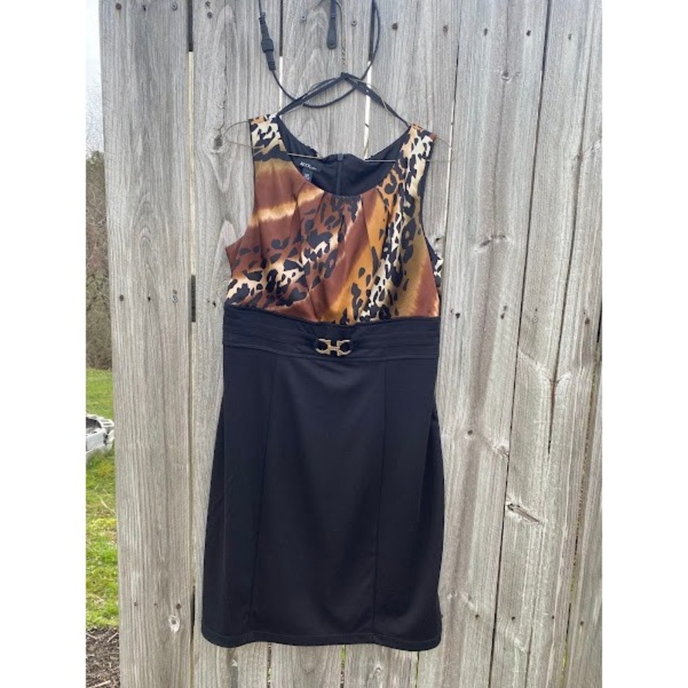 Alyx‎ Petite Leopard Print Colorblock Sheath Dress Black Brown Gold 14P